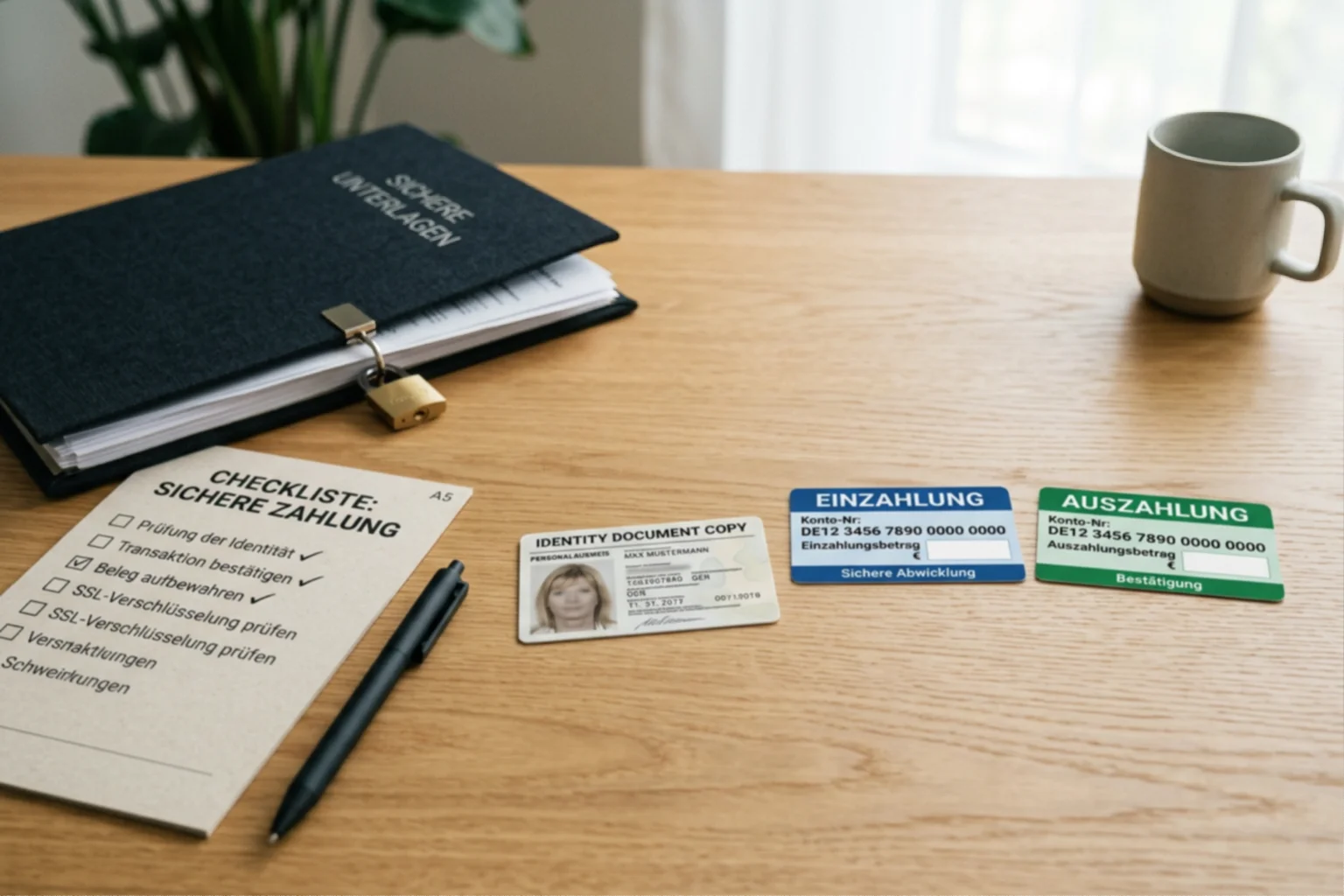Getrennte Karten für Einzahlung, Auszahlung und Ausweiskopie auf einem ruhigen Arbeitsplatz