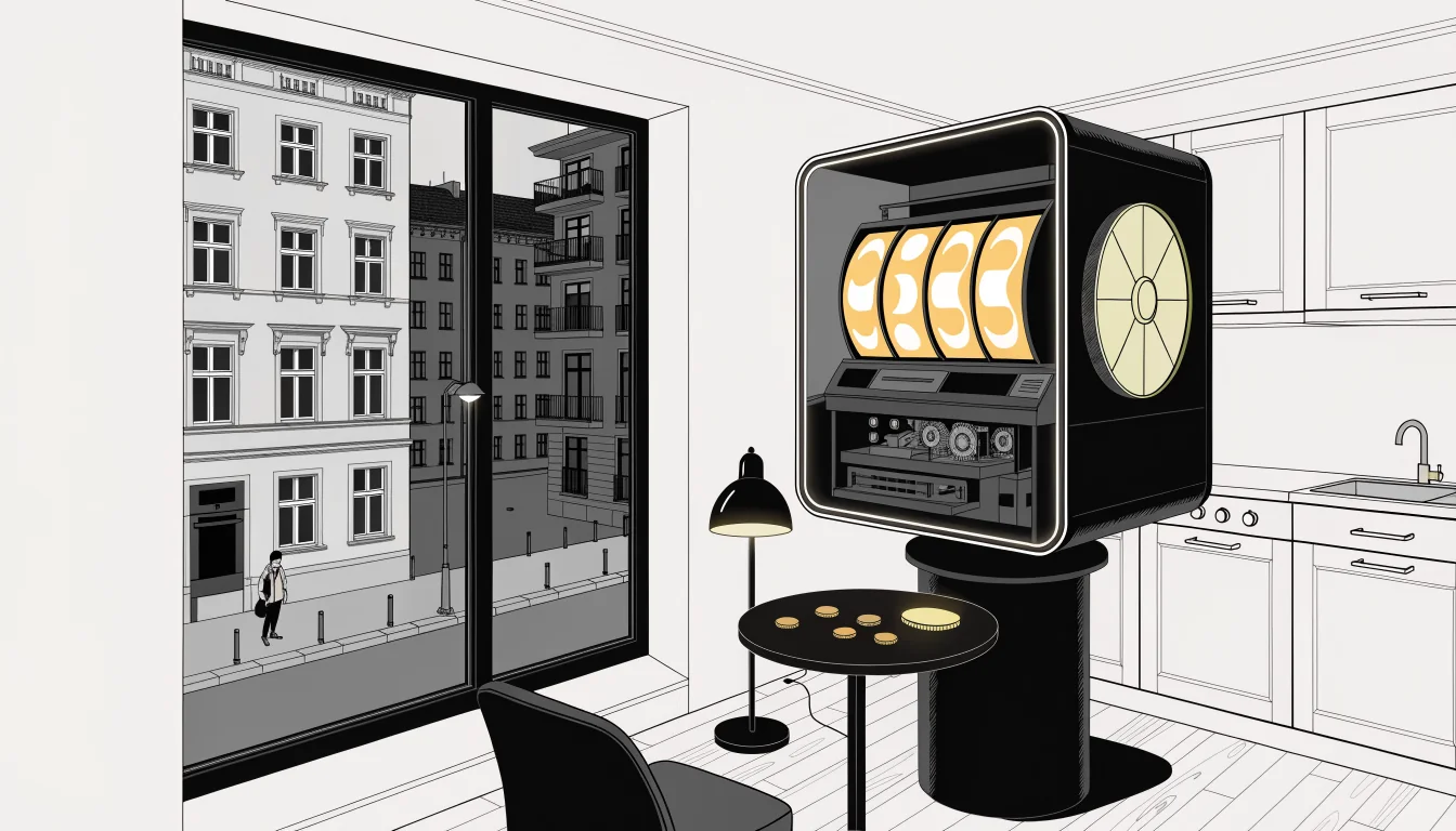 Moderner Spielautomat mit goldenen Münzen in einer Berliner Altbauwohnung am Abend.