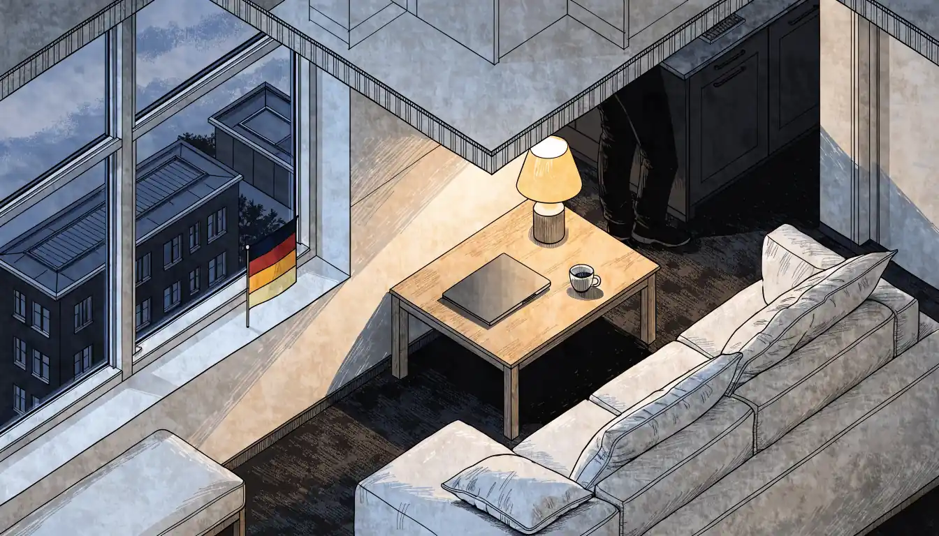 Modernes deutsches Wohnzimmer bei Abendlicht mit geschlossenem Laptop und kleiner Deutschlandflagge auf der Fensterbank.
