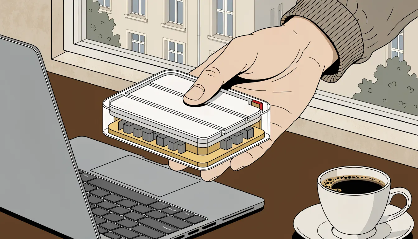 Hand hält eine Prepaid-Gutscheinkarte neben einem Laptop auf einem Schreibtisch.