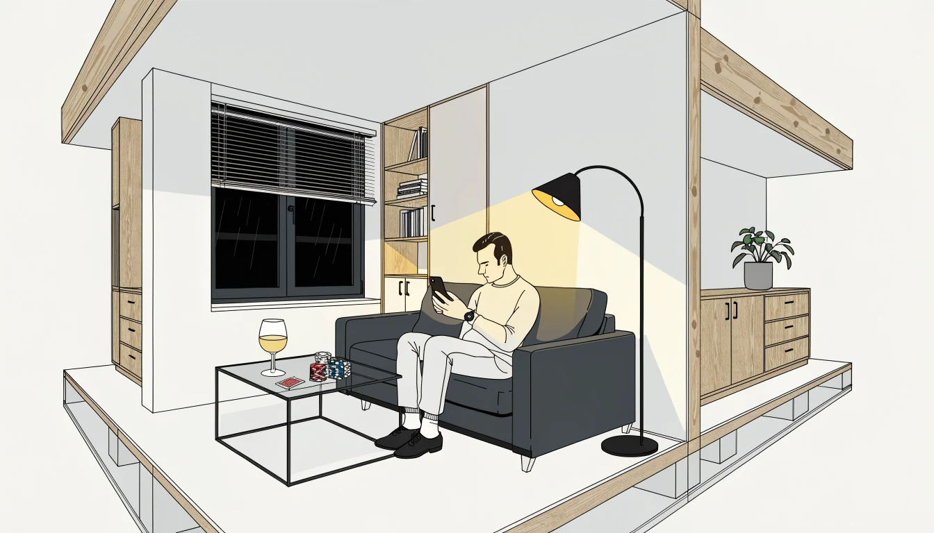 Mann mit Smartphone im Wohnzimmer, Spielchips und Getränk auf dem Tisch