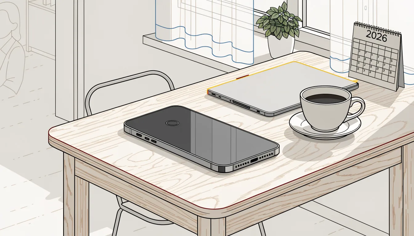 Smartphone mit Kaffeetasse auf Holztisch in moderner Wohnung