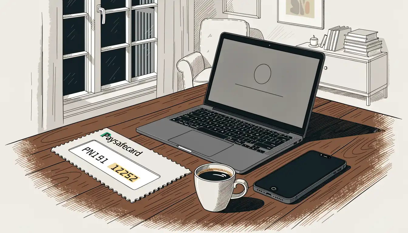 Paysafecard-Gutschein mit PIN-Code neben einem Laptop auf einem Tisch in einer deutschen Wohnung.