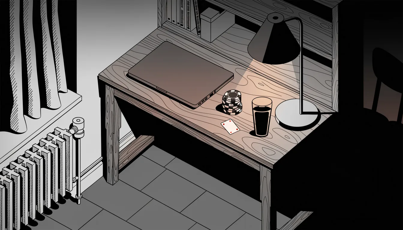 Heimisches Arbeitszimmer bei Nacht mit Laptop und Casino-Chips auf dem Schreibtisch.